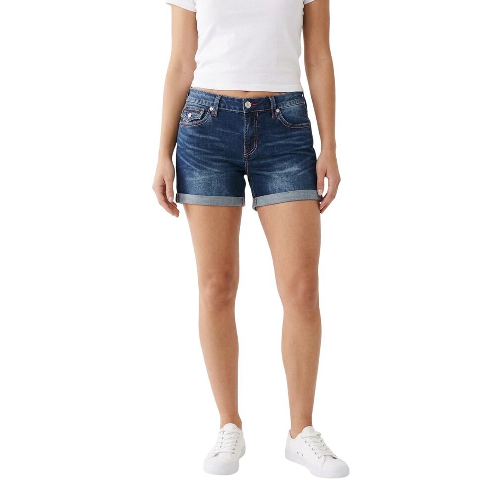 True Religion Jayde Midrise Denim Shorts Jean Flap Pocket Blue Women's Size 32